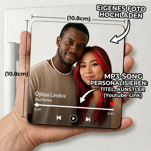 Kühlschrankmagnet mit Ihrem Song und Foto Herz oder Quadrat